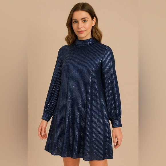 Chi Chi London Navy Blue Sequin Shift Dress Mock Neck Special Occasion Size 10 - Picture 1 of 16